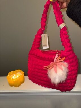 Hot Pink Scrunchie Bag w/ Strawberry Puff Charm